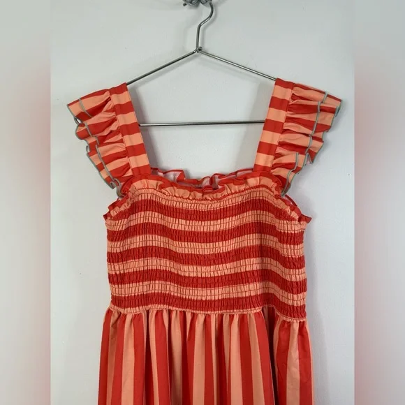 Crosby by Mollie Burch Wren dark  orange striped ruffle sleeve maxi dress L - Picture 2 of 8